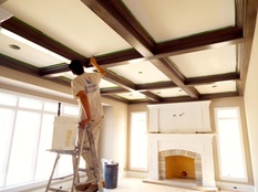 D.F. Painting a beamed (coffered) ceiling. The staining of the beams is gorgeous. This living room is so luxurious. 